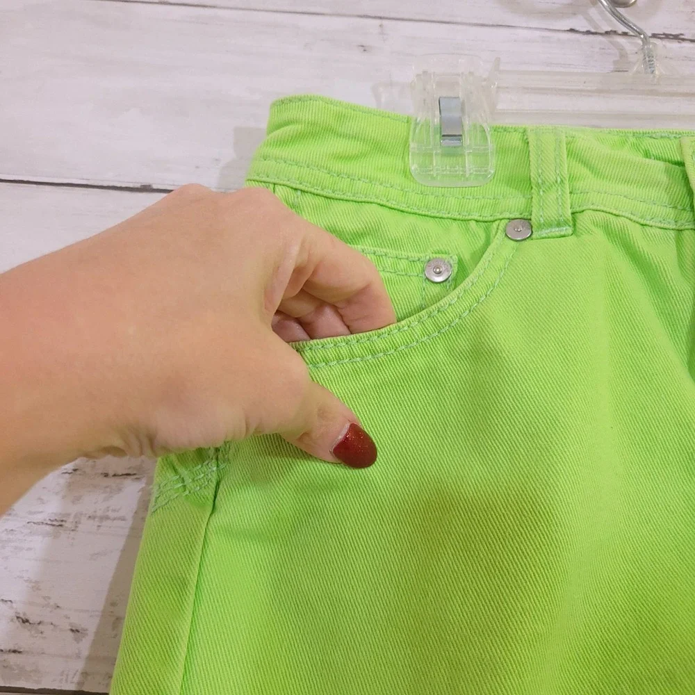 Justice Girls Neon Green Frayed Hem Denim Shorts Size 10R Heart Embroidery